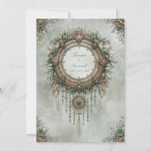Teal Gold Dreamcatcher Boho Feather Wedding 招待状 (正面)
