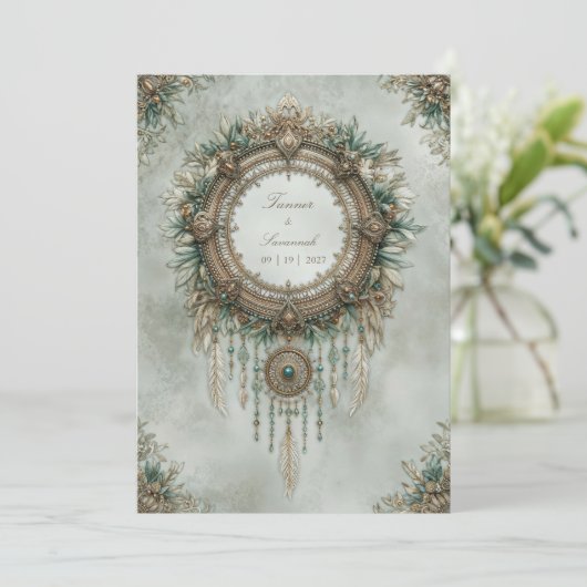 Teal Gold Dreamcatcher Boho Feather Wedding 招待状 (スタンド正面)