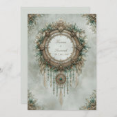 Teal Gold Dreamcatcher Boho Feather Wedding 招待状 (正面/裏面)