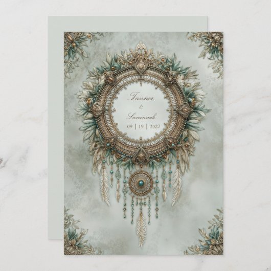 Teal Gold Dreamcatcher Boho Feather Wedding 招待状 (正面/裏面)