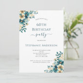 Teal Gold Elegant Watercolor Floral 60th Birthday 招待状 (スタンド正面)