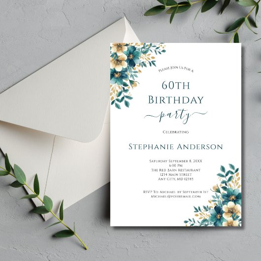 Teal Gold Elegant Watercolor Floral 60th Birthday 招待状