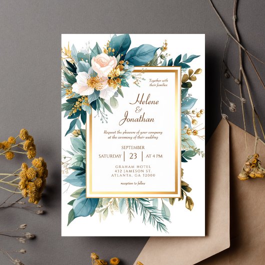 Teal Gold Floral Garden Boho Elegant Wedding 招待状
