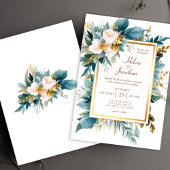 Teal Gold Floral Garden Boho Elegant Wedding 招待状