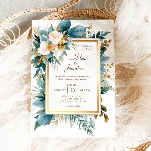Teal Gold Floral Garden Boho Elegant Wedding 招待状