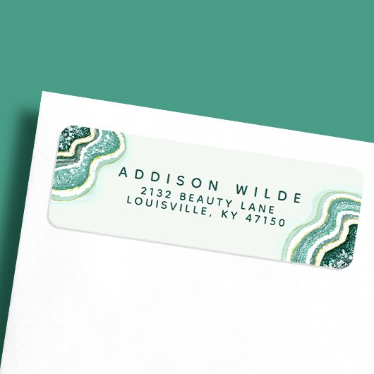 Teal Gold Glitter Agate Geode Return Address ラベル