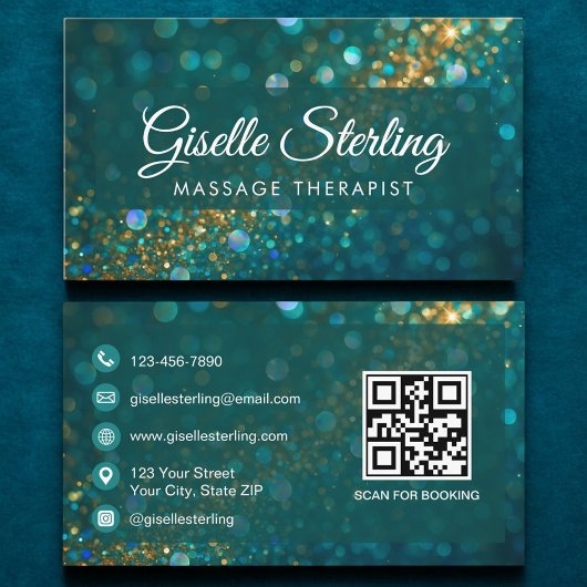 Teal Gold Glitter Opal Massage Therapist QR Code 名刺