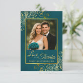 Teal & Gold Love & Thanks Photo & Note Wedding サンキューカード (スタンド正面)