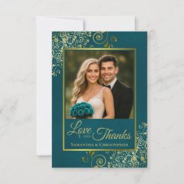 Teal & Gold Love & Thanks Photo & Note Wedding サンキューカード