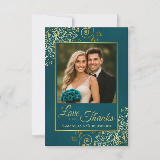 Teal & Gold Love & Thanks Photo & Note Wedding サンキューカード (正面)