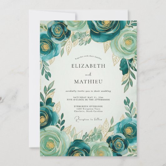 Teal Gold Luxe Botanical Wedding 招待状 (正面)