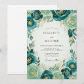 Teal Gold Luxe Botanical Wedding 招待状 (正面/裏面)