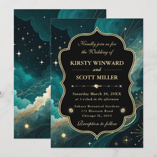Teal Gold Marble Glitter Elegant Wedding 招待状 (正面/裏面)