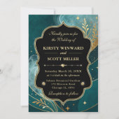 Teal Gold Marble Glitter Elegant Wedding 招待状 (正面)