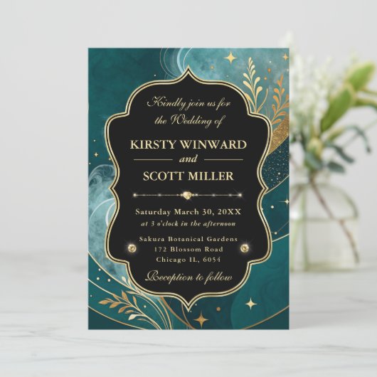 Teal Gold Marble Glitter Elegant Wedding 招待状 (スタンド正面)