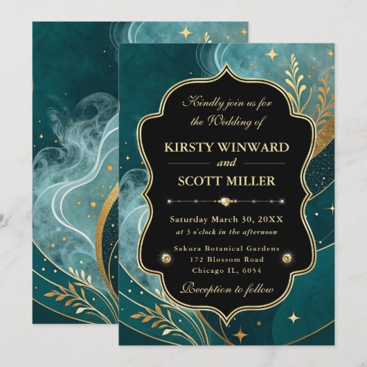 Teal Gold Marble Glitter Elegant Wedding 招待状 (正面/裏面)