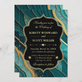 Teal Gold Marble Glitter Elegant Wedding 招待状 (正面/裏面)