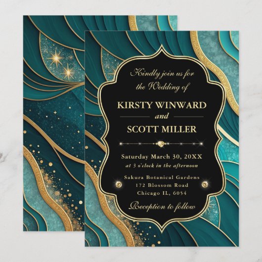 Teal Gold Marble Glitter Elegant Wedding 招待状 (正面/裏面)