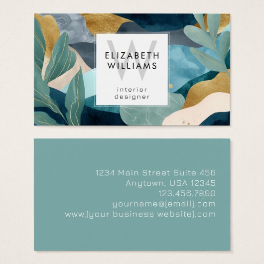 Teal Gold Modern Abstract Monogram Business Cards (正面&裏面)