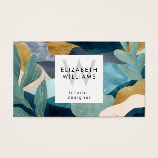 Teal Gold Modern Abstract Monogram Business Cards (正面)