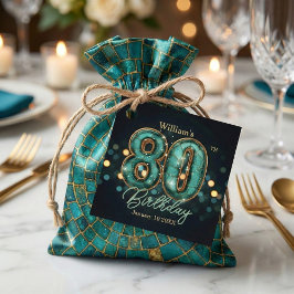 Teal Gold Mosaic 80th Birthday Party Black Bokeh フェイバータグ