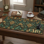 Teal & Gold Vintage William Morris Floral Monogram デスクマット<br><div class="desc">Adorn your desk with a touch of classic art history with this custom William Morris-inspired floral desk mat. Featuring a beautiful vintage botanical pattern in rich, earthy tones of teal blue, brown and gold, this large mousepad transforms your workspace into a work of art. The intricate, retro-style floral design brings...</div>