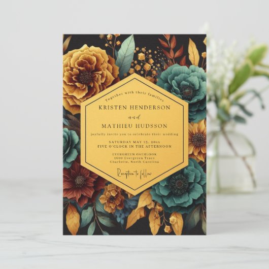 Teal Golden Floral Night Wedding 招待状 (スタンド正面)