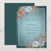 Teal Graceful Botanical Wedding 招待状 (正面/裏面)