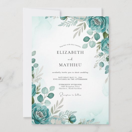 Teal Graceful Watercolor Wedding 招待状 (正面)