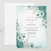 Teal Graceful Watercolor Wedding 招待状 (正面/裏面)