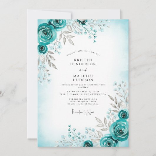 Teal Graceful Winter Wedding 招待状 (正面)