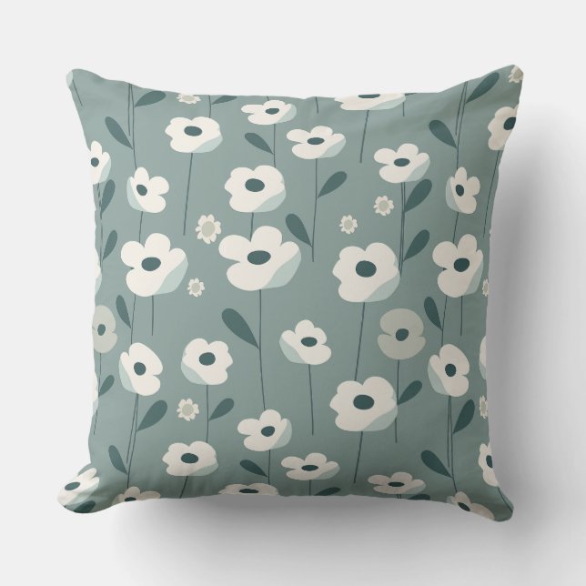 Teal Green and White Floral Throw Pillow アウトドアクッション (正面)