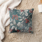 Teal Green, Blue Pillow with Berries クッション (ブランケット)