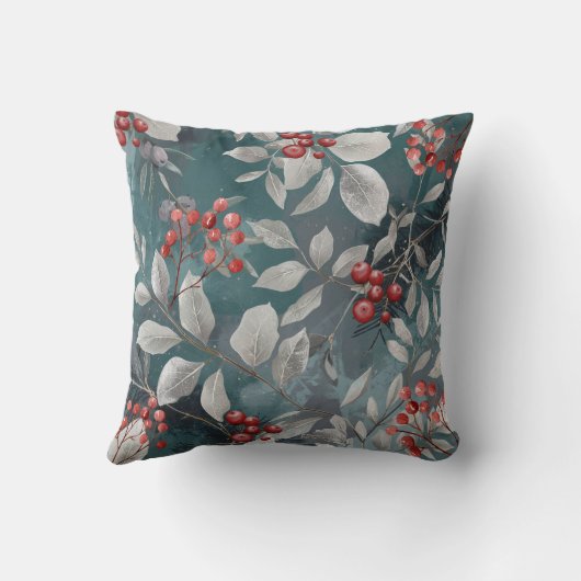 Teal Green, Blue Pillow with Berries クッション (裏面)