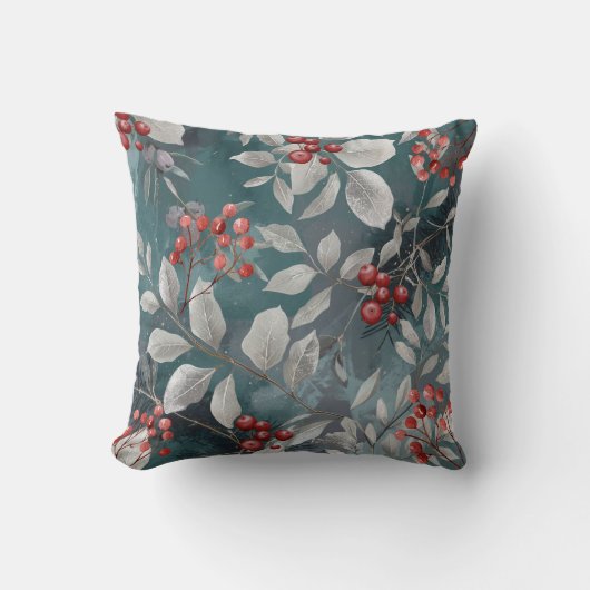 Teal Green, Blue Pillow with Berries クッション (正面)