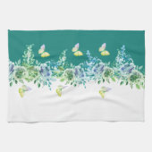 Teal Green Botanical Butterflies Kitchen Towel キッチンタオル (横)
