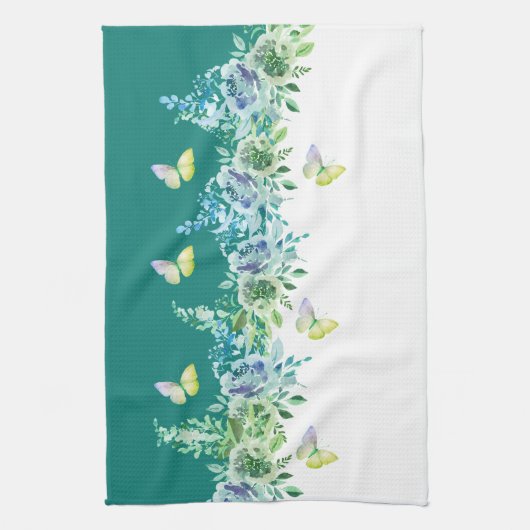 Teal Green Botanical Butterflies Kitchen Towel キッチンタオル (縦)