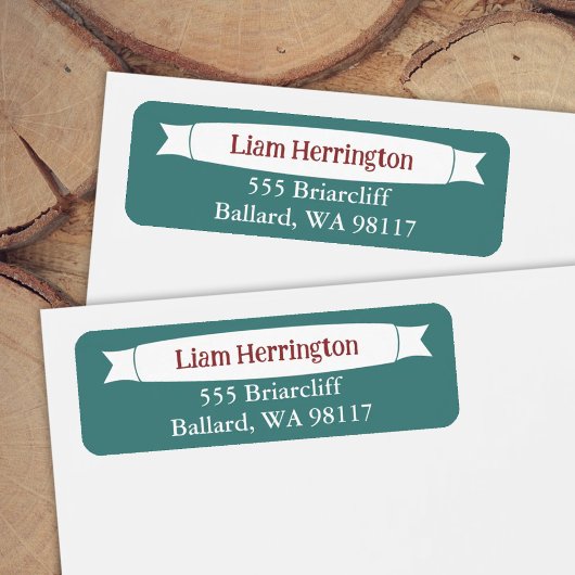 Teal Green & Burgundy Address Label with Banner ラベル