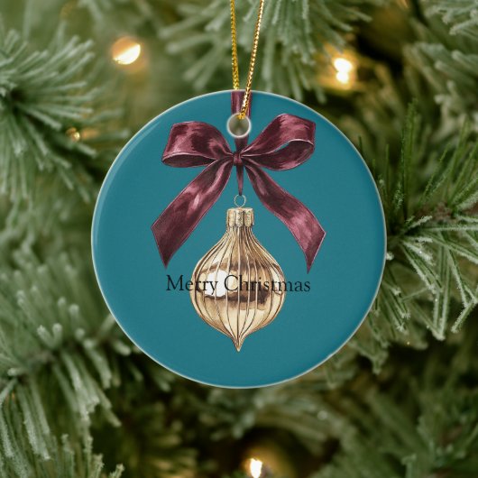 Teal Green Burgundy Bow Gold Ornament Christmas セラミックオーナメント (ツリー)