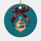 Teal Green Burgundy Bow Gold Ornament Christmas セラミックオーナメント (正面)