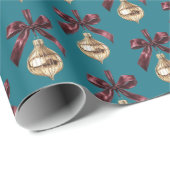 Teal Green Burgundy Bow Gold Ornament Christmas ラッピングペーパー (ロールコーナー)