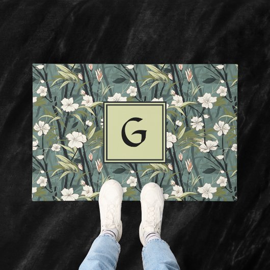Teal Green Chinoiserie Floral White Initial ドアマット