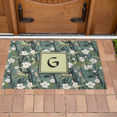 Teal Green Chinoiserie Floral White Initial ドアマット