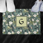 Teal Green Chinoiserie Floral White Initial ドアマット