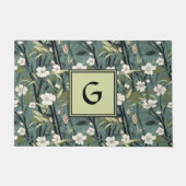 Teal Green Chinoiserie Floral White Initial ドアマット (正面)