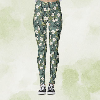 Teal Green Chinoiserie Tropical White Gold Floral レギンス