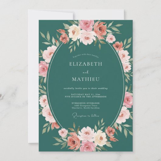 Teal Green Enchanting Botanical Wedding 招待状 (正面)