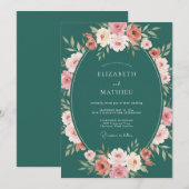 Teal Green Enchanting Botanical Wedding 招待状 (正面/裏面)