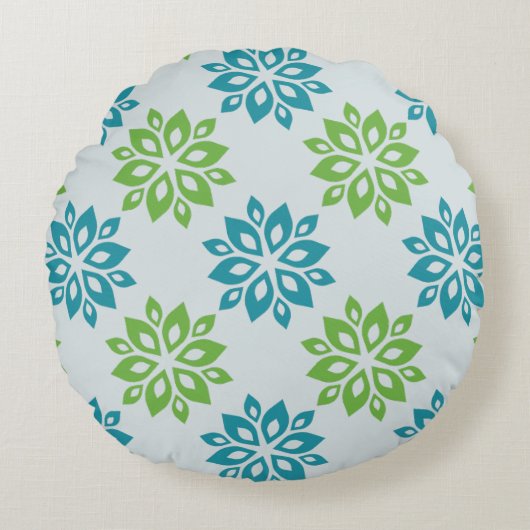 Teal  & Green Floral Bloom Pattern Round Pillow ラウンドクッション (正面)