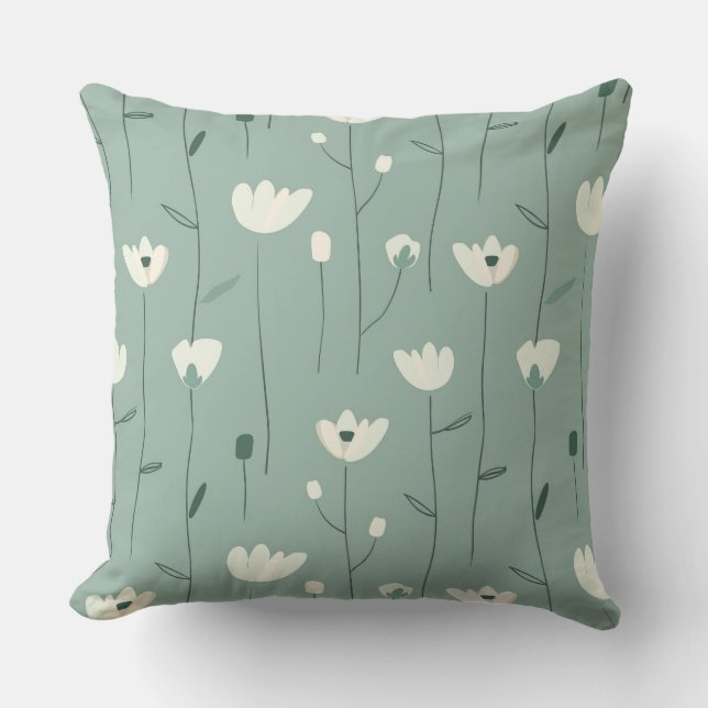 Teal Green Floral Throw Pillow アウトドアクッション (正面)